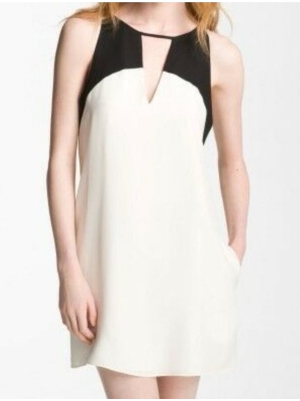 Parker Crosby Sleeveless Colorblock Keyhole Silk Shift Mini Dress Black White M